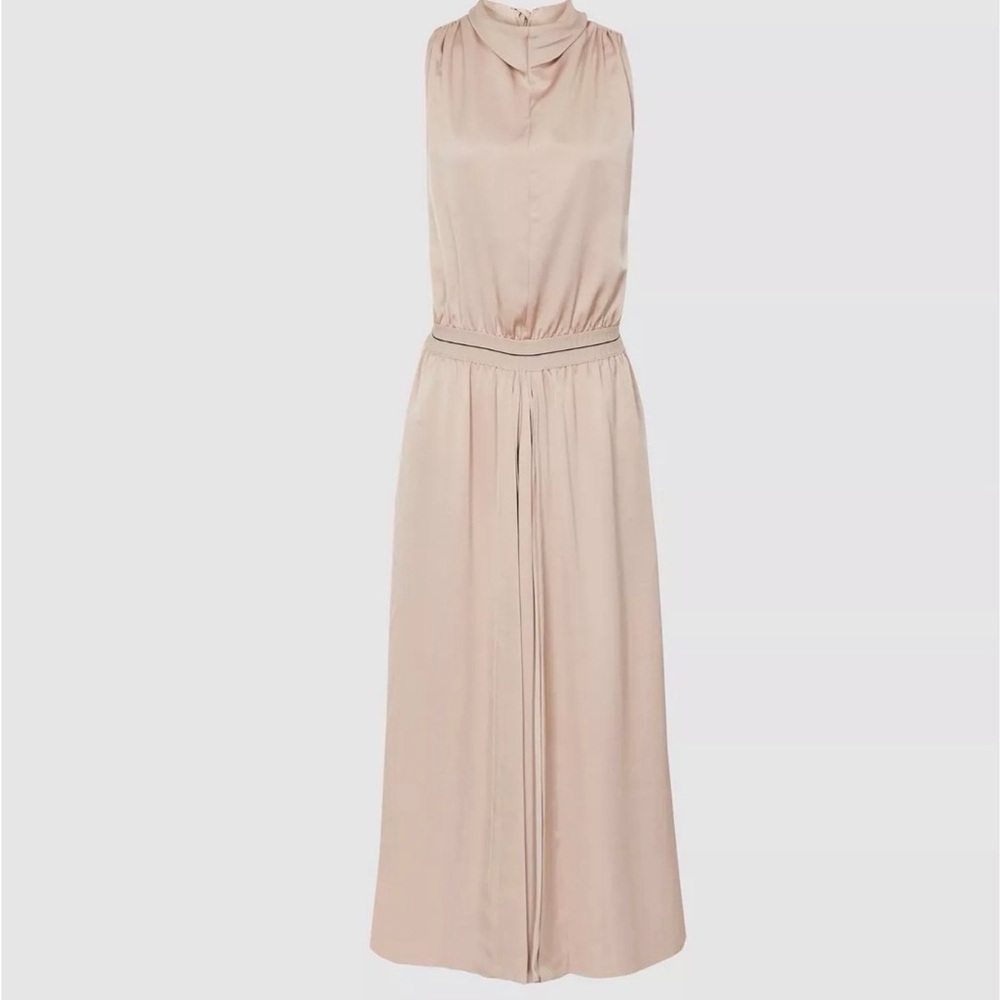 REISS Marca Satin High Neck Midi Dress in Blush